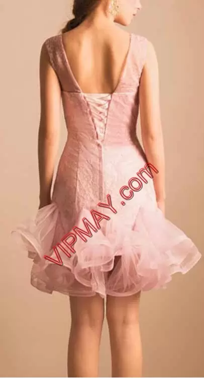 Scoop Sleeveless Lace Up Homecoming Dress Online Pink Satin and Tulle Appliques