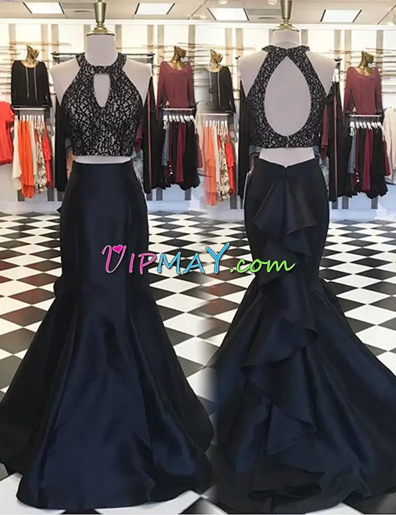 Latest Scoop Sleeveless Homecoming Dress Online Sweep Train Lace Black Satin