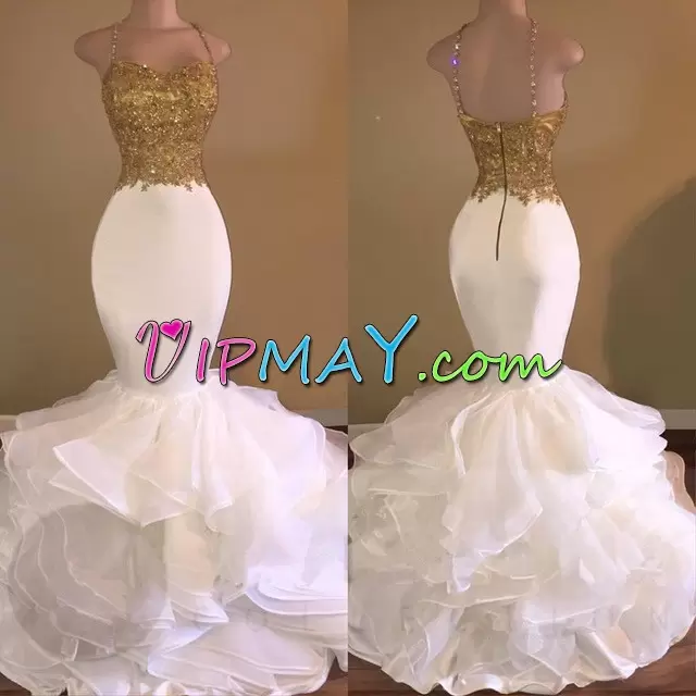 Halter Top Backless Evening Dresses White and Gold Mermaid Organza Beading and Appliques