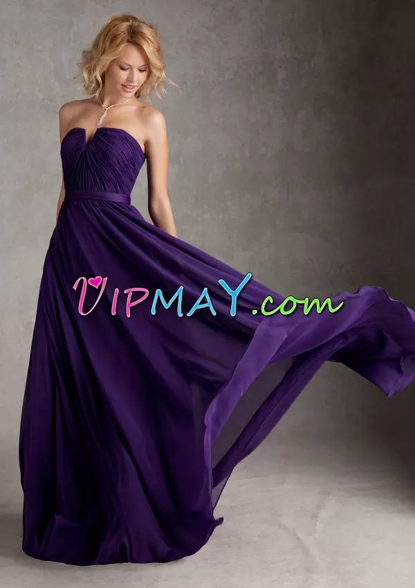 Traditional Purple Empire Strapless Sleeveless Chiffon Floor Length Zipper Ruching Prom Homecoming Dress