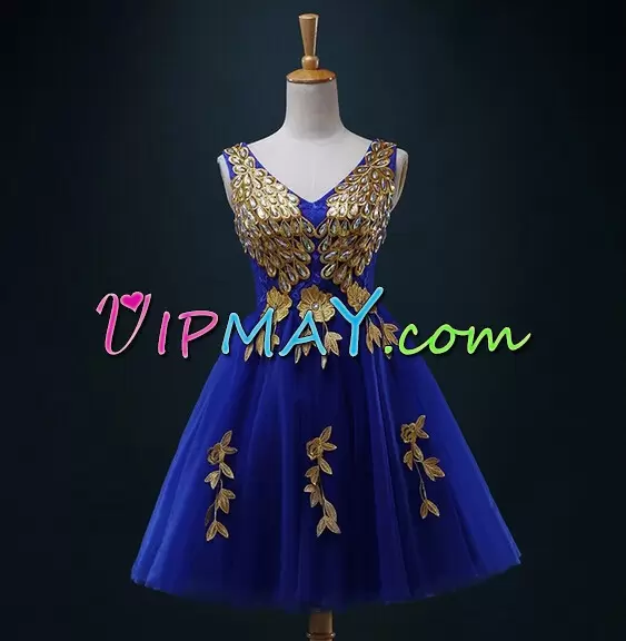 Royal Blue Sleeveless Beading and Appliques Mini Length