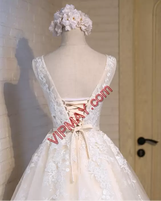 Mini Length Champagne Homecoming Dress Online Tulle Sleeveless Lace and Appliques