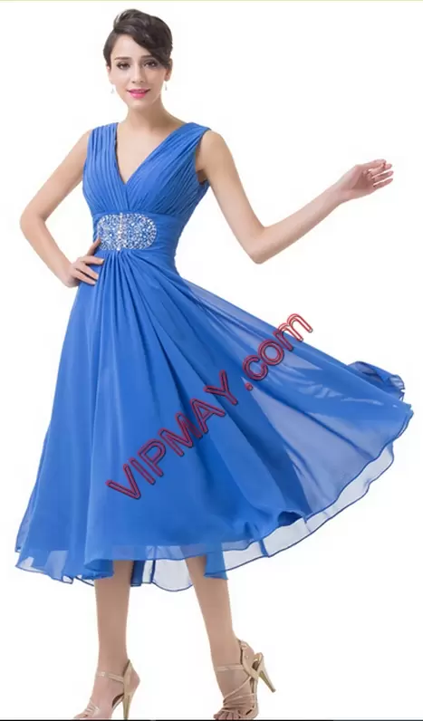 Blue Zipper V-neck Beading Prom Evening Gown Chiffon Sleeveless