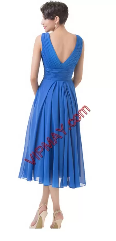 Blue Zipper V-neck Beading Prom Evening Gown Chiffon Sleeveless