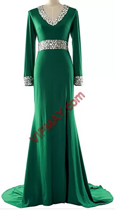 Dazzling Green Zipper Hoco Dress Long Sleeves Floor Length Brush Train Beading