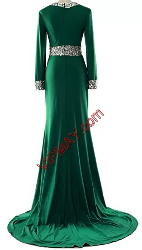 Dazzling Green Zipper Hoco Dress Long Sleeves Floor Length Brush Train Beading