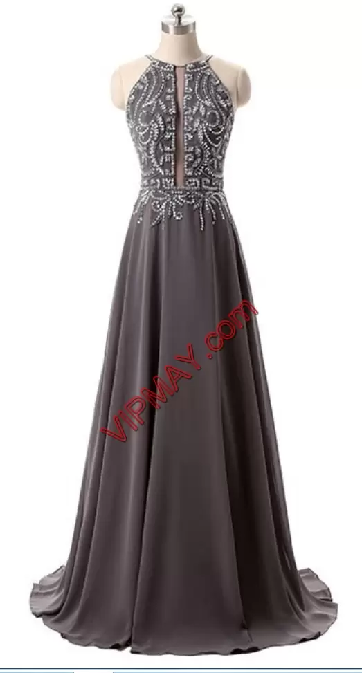 Romantic Beading Prom Dresses Brown Lace Up Sleeveless Sweep Train