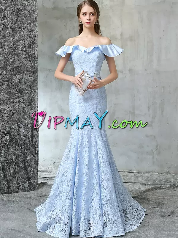 Charming Floor Length Lace Up Prom Dress Light Blue for Prom and Party with Lace and Appliques and Belt