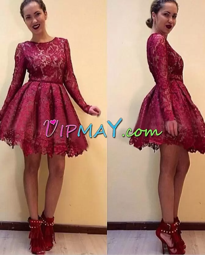 Red A-line Scoop Long Sleeves Lace Mini Length Lace Up Evening Dress