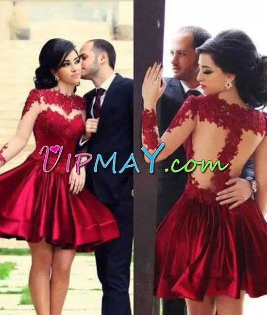 Long Sleeves Satin Mini Length Zipper Prom Dresses in Wine Red with Lace