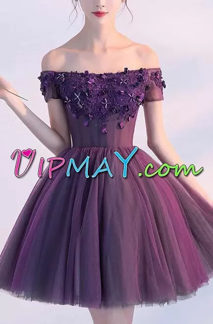 Purple Sleeveless Tulle Lace Up Prom Dresses for Prom and Party