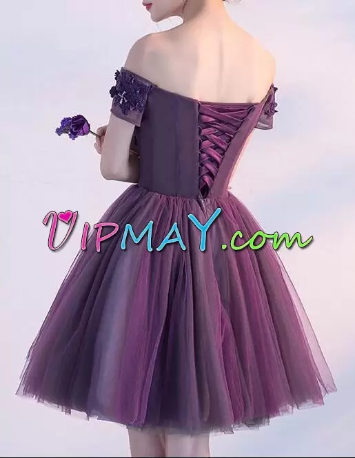 Purple Sleeveless Tulle Lace Up Prom Dresses for Prom and Party