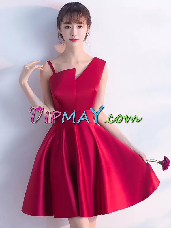 Wine Red Zipper Asymmetric Ruching Evening Dress Satin Sleeveless