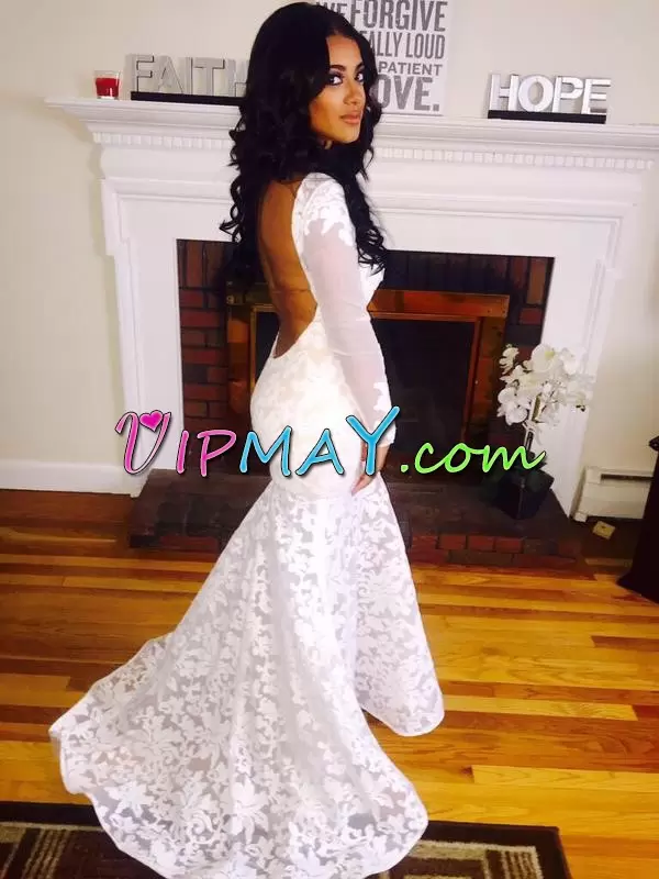 White Prom and Party with Lace and Appliques Scoop Long Sleeves Backless