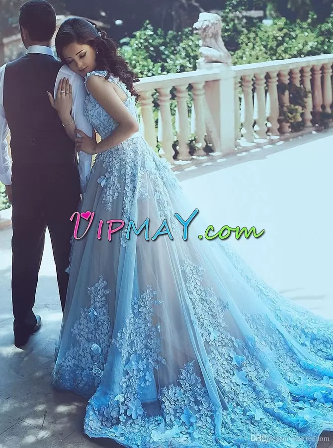 Baby Blue A-line Tulle Sweetheart Sleeveless Appliques With Train Zipper Evening Dress Sweep Train