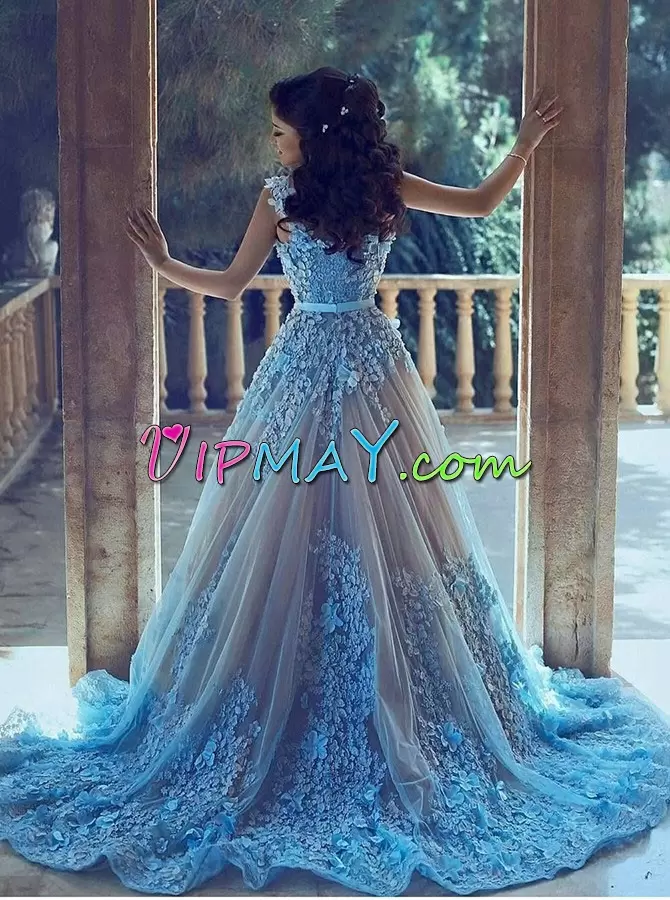 Baby Blue A-line Tulle Sweetheart Sleeveless Appliques With Train Zipper Evening Dress Sweep Train