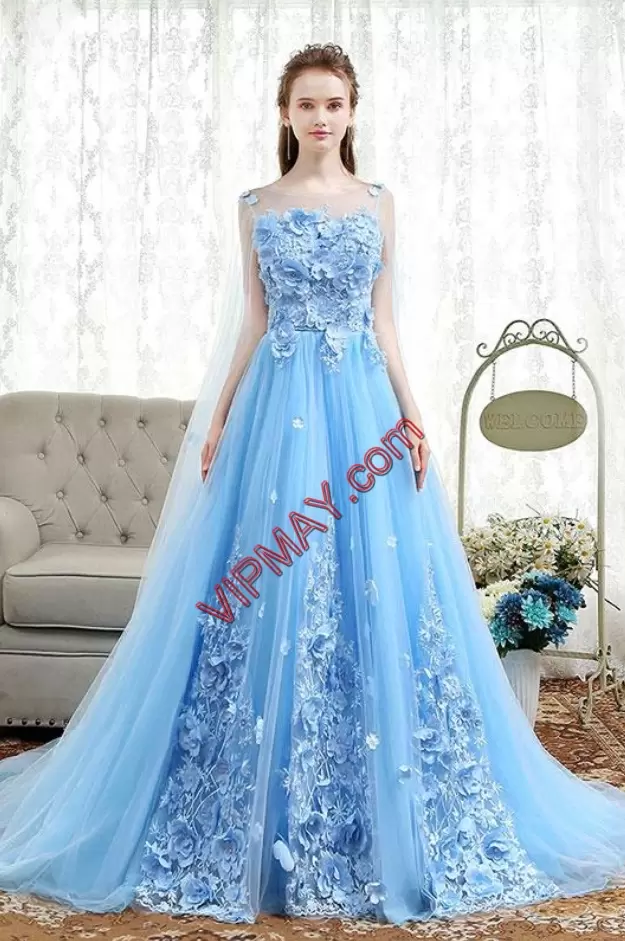 Stylish Sleeveless Scoop Chapel Train Appliques Dress for Prom
