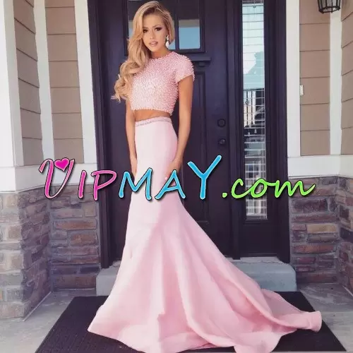 Pink Satin Lace Up Scoop Short Sleeves Prom Dresses Brush Train Beading