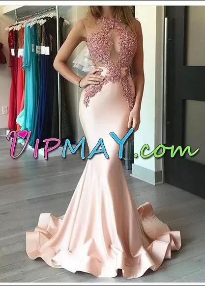 Strapless Sleeveless Evening Dress Sweep Train Appliques Pink Satin