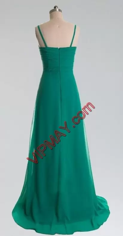 Floor Length Zipper Homecoming Party Dress Green for Prom and Party with Beading Sweep Train