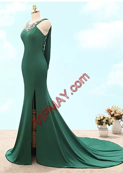 Beauteous Sleeveless Satin Floor Length Sweep Train Lace Up Homecoming Dress Online in Green with Beading and Lace