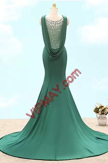 Beauteous Sleeveless Satin Floor Length Sweep Train Lace Up Homecoming Dress Online in Green with Beading and Lace