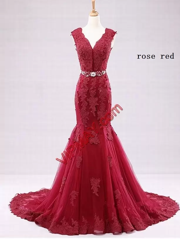 Wine Red Tulle Lace Up Evening Dress Sleeveless With Brush Train Beading and Appliques and Ruching