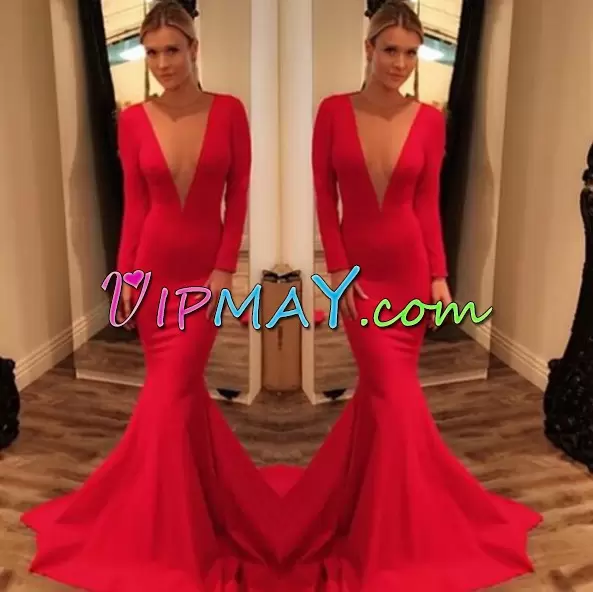 Red Mermaid Ruching Evening Party Dresses Lace Up Long Sleeves