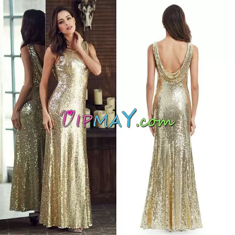 Champagne Sequined Side Zipper Prom Gown Sleeveless Floor Length Sequins