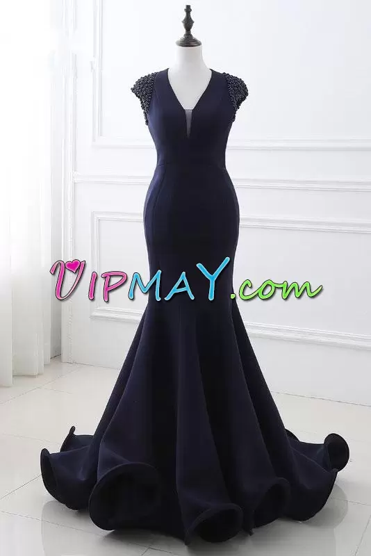 Charming Navy Blue Prom Dress Brush Train Sleeveless Beading