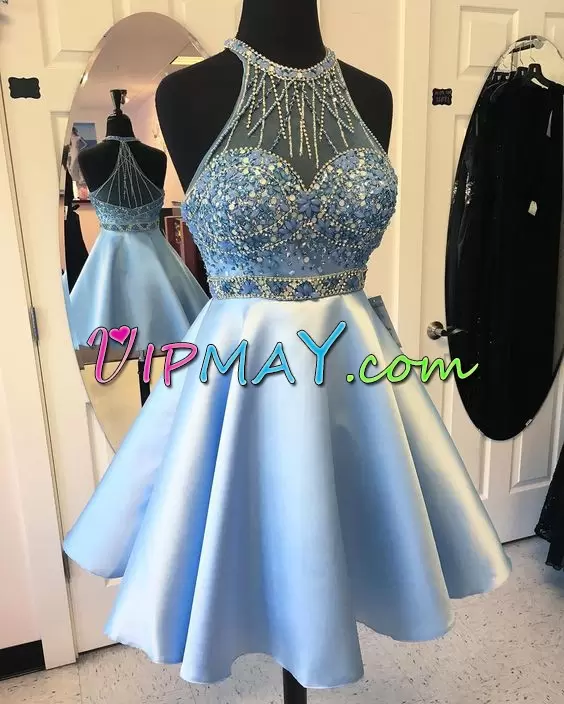 Suitable Blue Sleeveless Beading Mini Length Dress for Prom