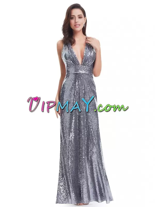 Floor Length Backless Hoco Dress Silver for Prom and Party and Military Ball with Sequins