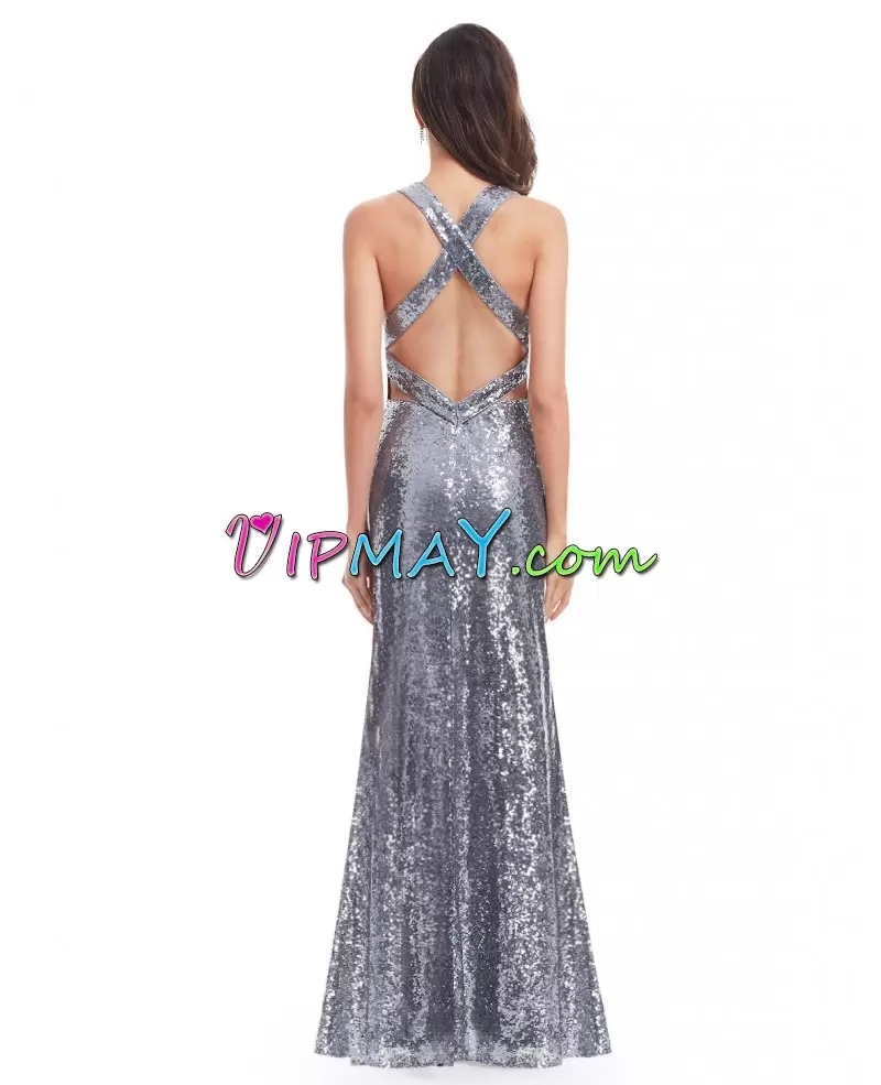 Floor Length Backless Hoco Dress Silver for Prom and Party and Military Ball with Sequins