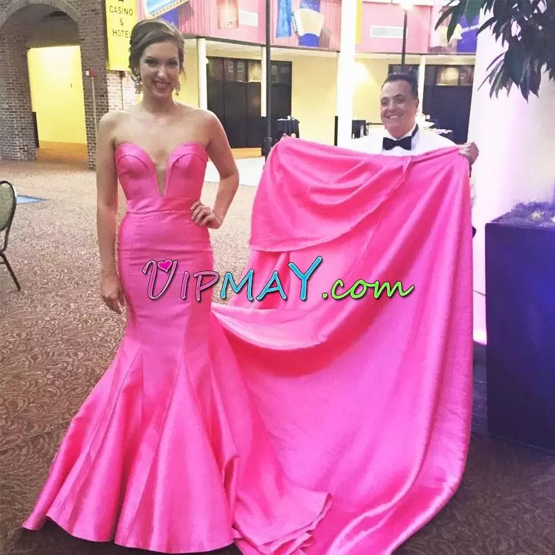 Hot Pink Lace Up Prom Party Dress Ruching Sleeveless Floor Length Cathedral Train