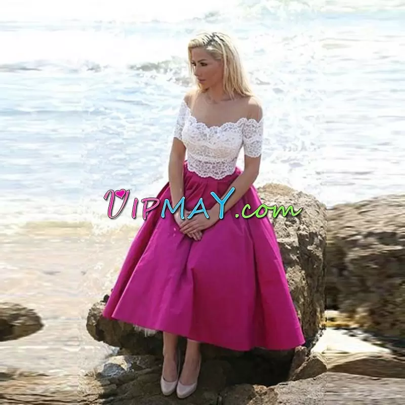 Romantic Tea Length Backless Homecoming Dress Fuchsia for Prom and Party with Lace