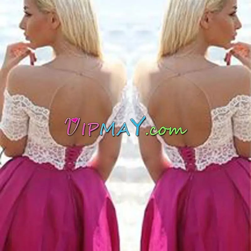 Romantic Tea Length Backless Homecoming Dress Fuchsia for Prom and Party with Lace