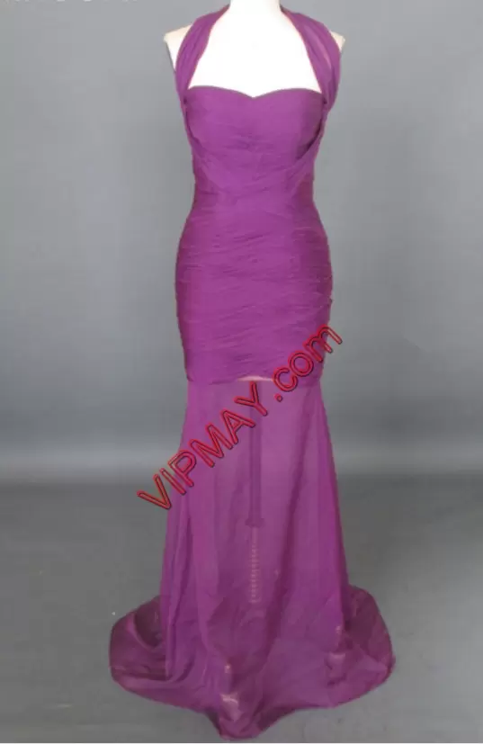 Excellent Floor Length Purple Homecoming Dress Tulle Sleeveless Ruching