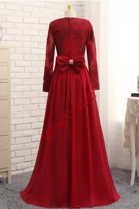 Wine Red Long Sleeves Chiffon and Tulle Clasp Handle Prom Gown for Prom