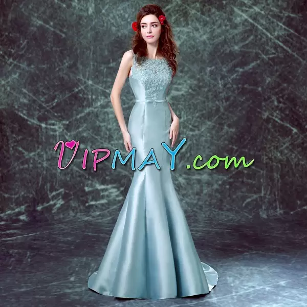 Light Blue Scoop Lace Prom Evening Gown Brush Train Sleeveless