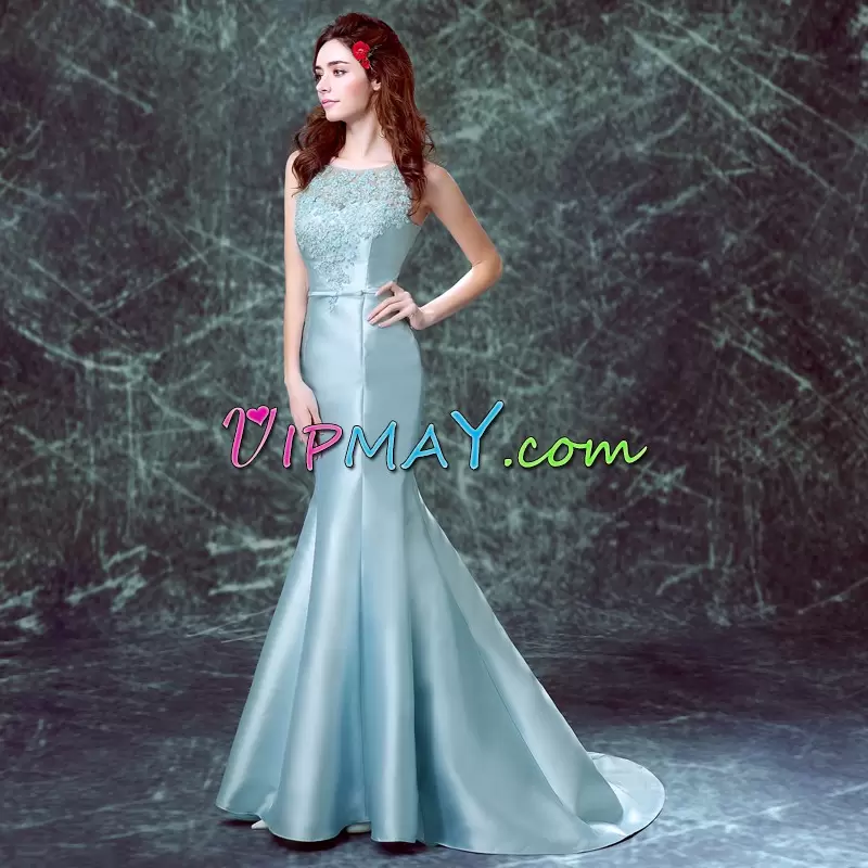 Light Blue Scoop Lace Prom Evening Gown Brush Train Sleeveless