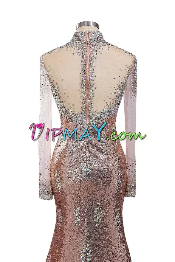 Pink High-neck Neckline Beading Long Sleeves Zipper