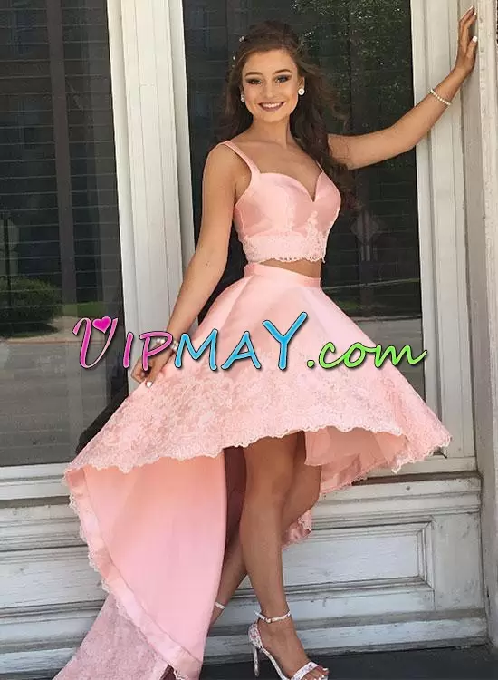 High Low Zipper Prom Gown Pink for Prom and Party and Military Ball with Appliques