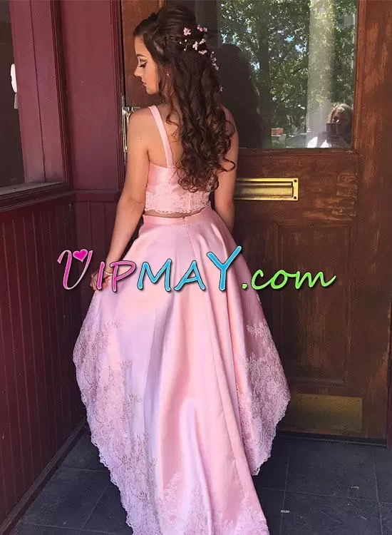 High Low Zipper Prom Gown Pink for Prom and Party and Military Ball with Appliques