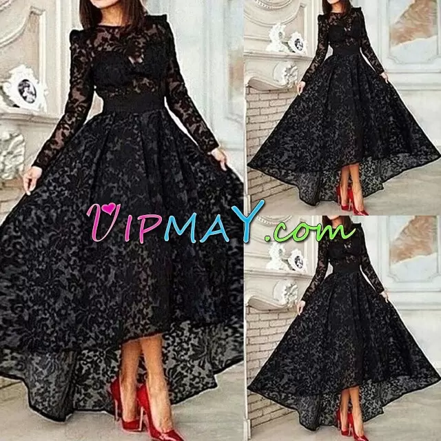 Black Scoop Lace Up Lace Prom Party Dress Long Sleeves