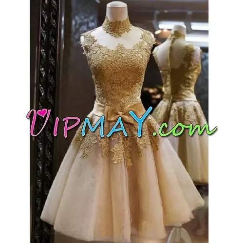 Knee Length Gold Junior Homecoming Dress High-neck Sleeveless Lace Up