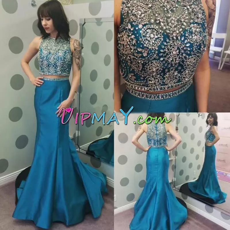 Custom Made Blue Zipper Dress for Prom Beading Sleeveless Floor Length Sweep Train