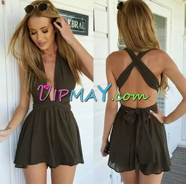 Free and Easy Olive Green Backless V-neck Ruching Homecoming Gowns Chiffon Sleeveless