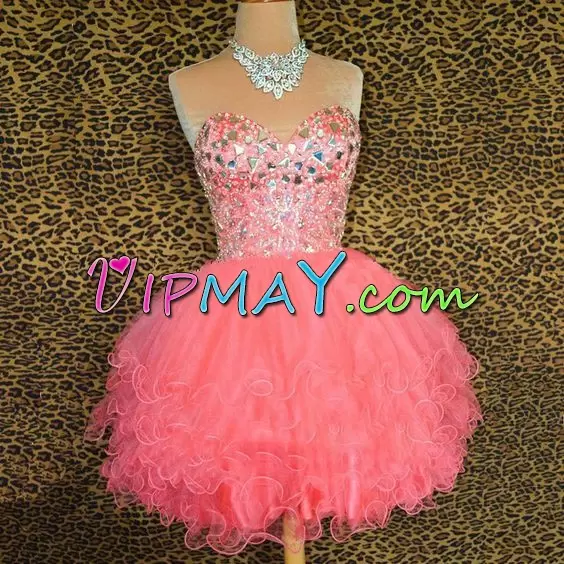 Mini Length Lace Up Evening Dress Pink for Prom and Party and Military Ball with Beading