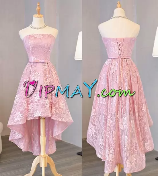 Pink Sleeveless Lace High Low Prom Dresses Homecoming Dress