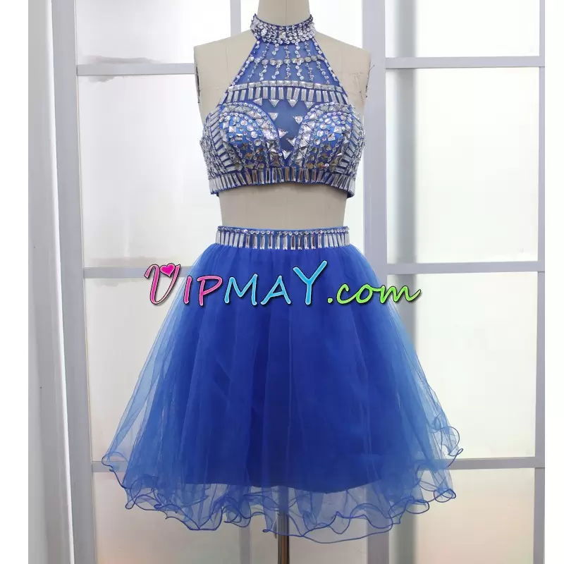 Blue Sleeveless Beading Mini Length Homecoming Dress